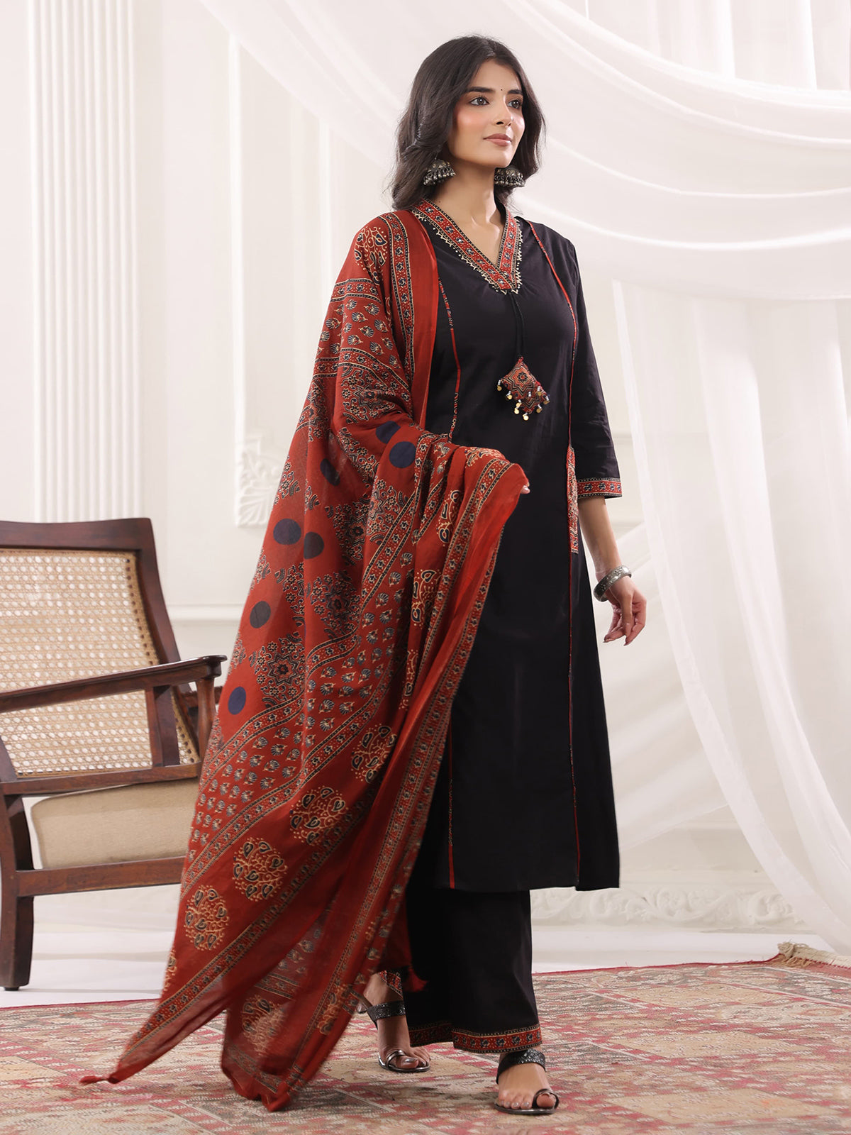 Black cotton silk ajrakh anarkali festive kurti set
