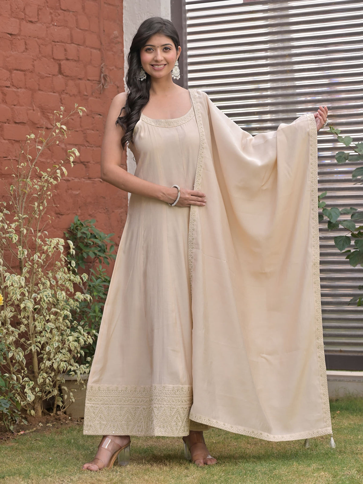 Beige cotton silk embroidered anarkali kurti pant set for women