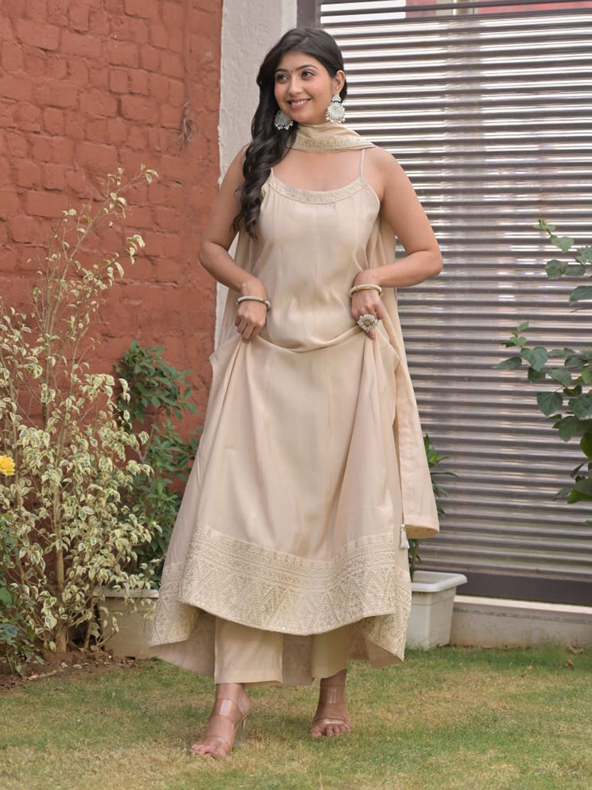 Beige cotton silk embroidered anarkali kurti pant set for women