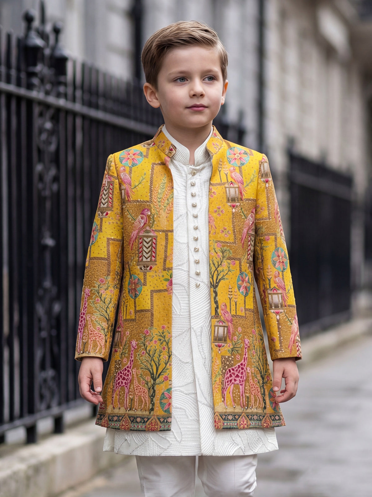 Yellow printed silk boys indowestern set