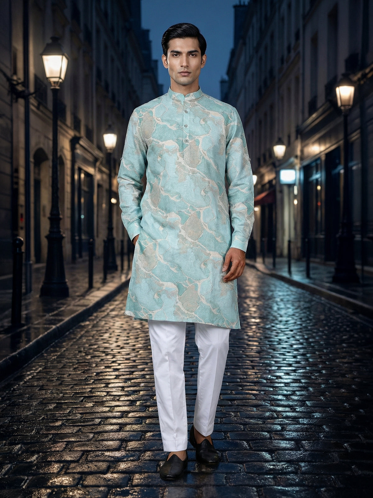 Printed cotton silk sky blue kurta suit