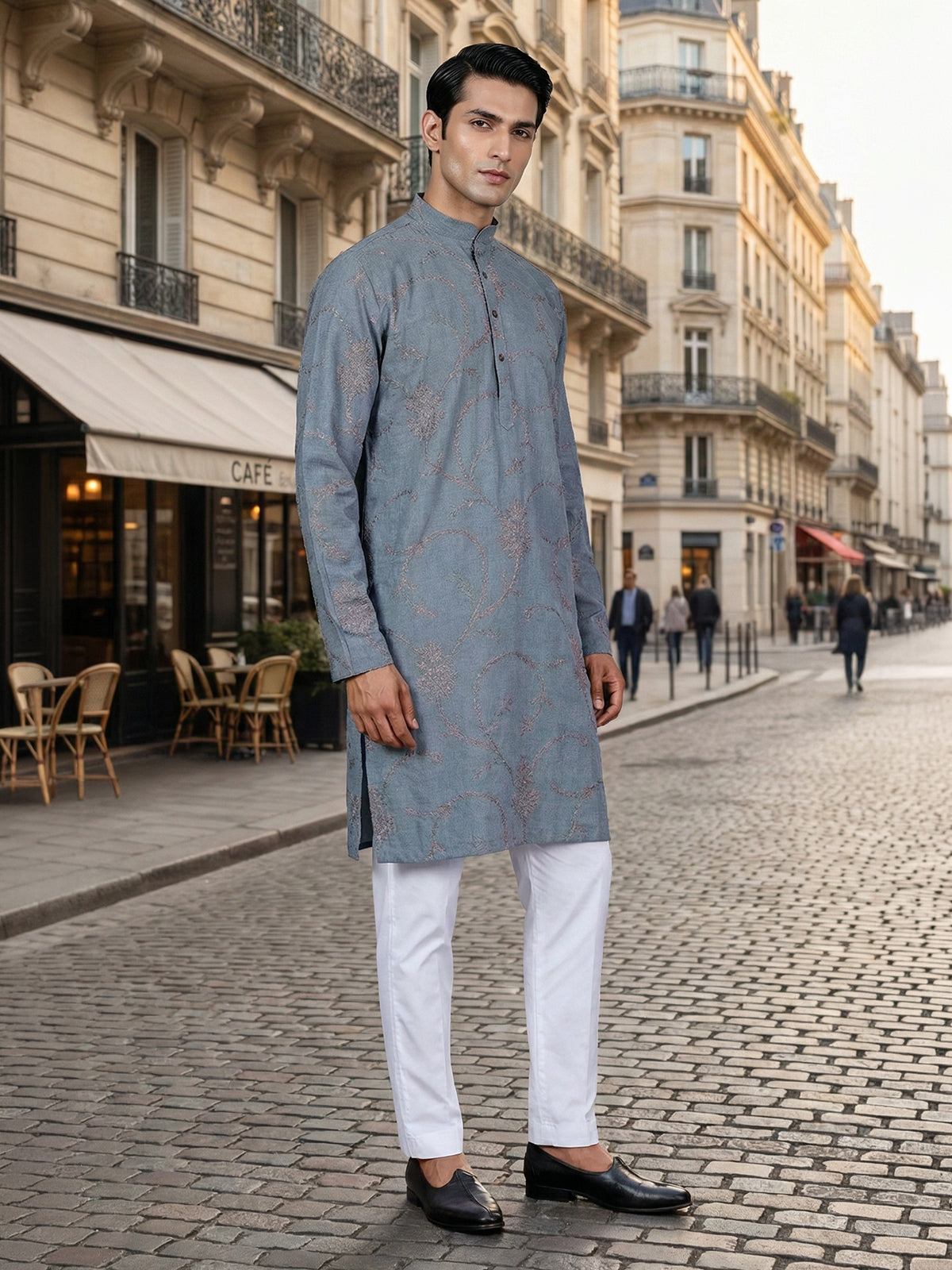 Grey cotton silk embroidery kurta suit