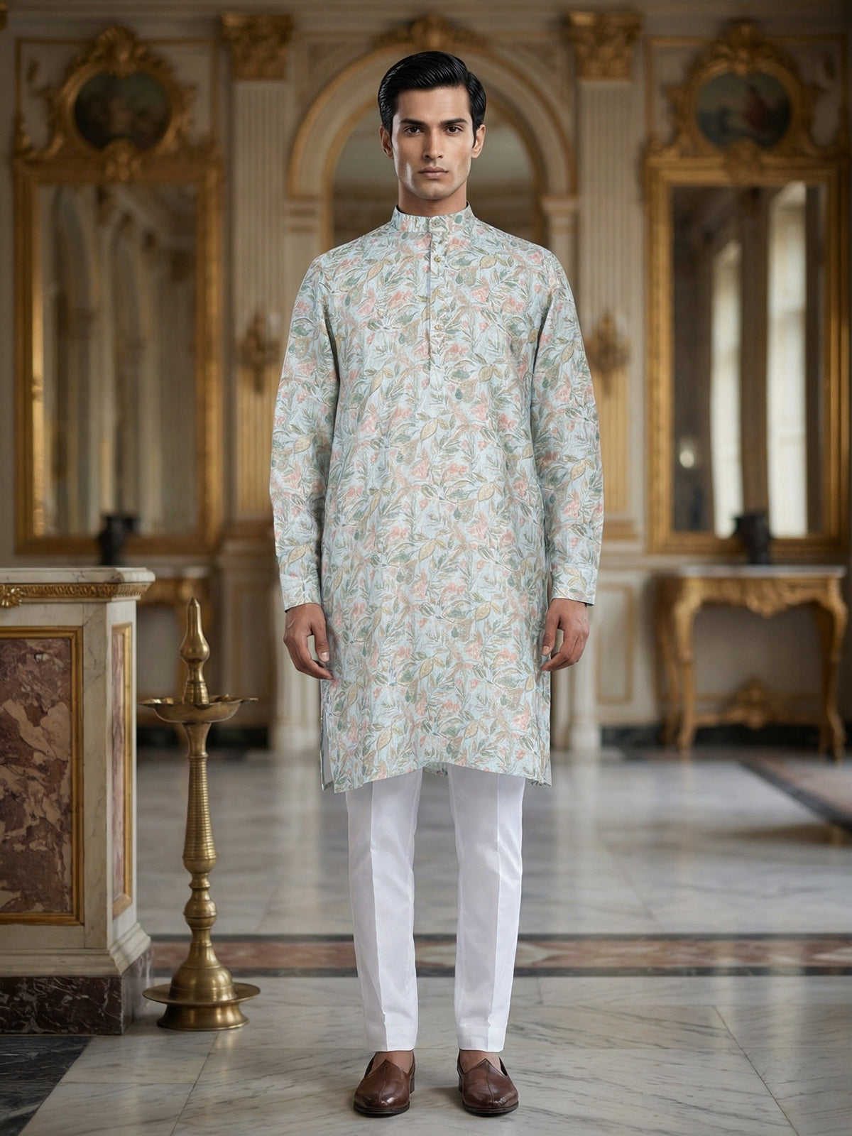 Leaf printed cotton sky blue kurta suit