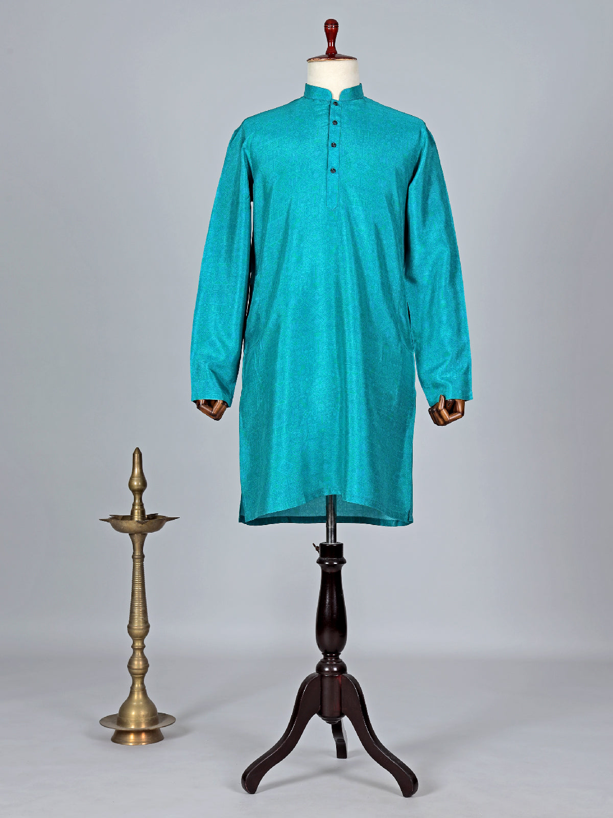 Light printed rama blue silk kurta suit