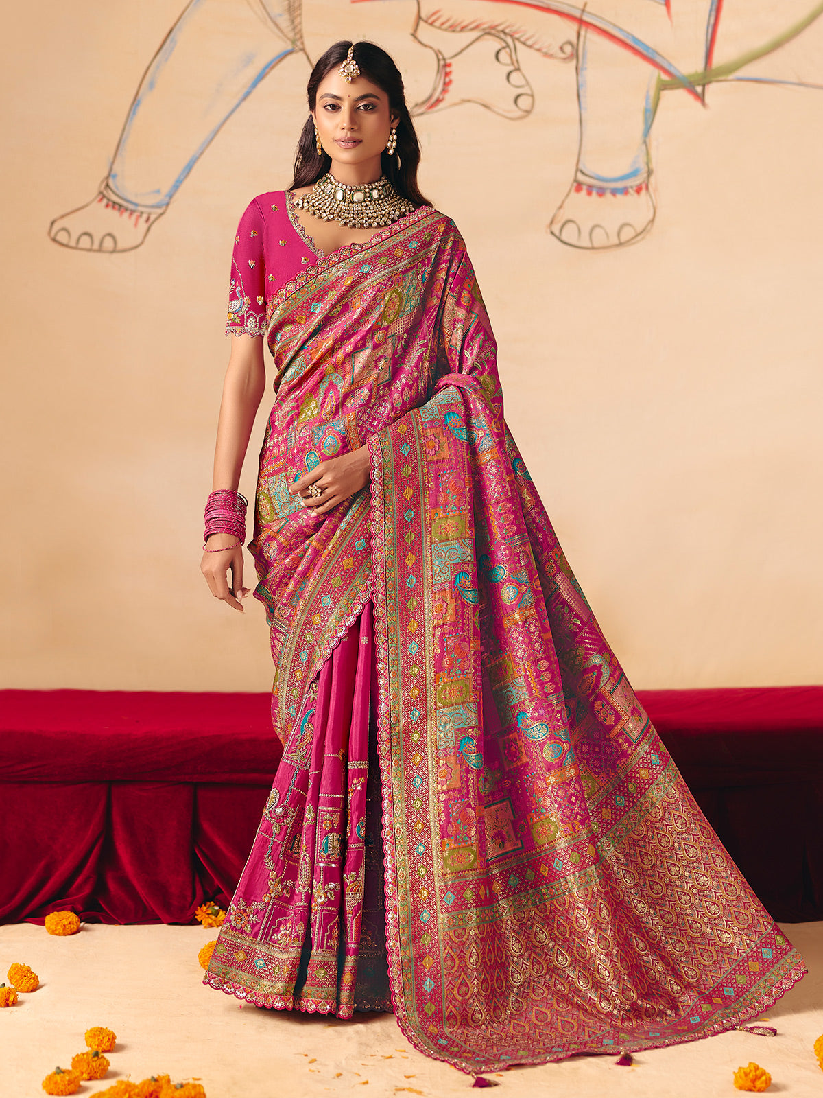 Rani pink peacock elephant motif banarasi patola drape