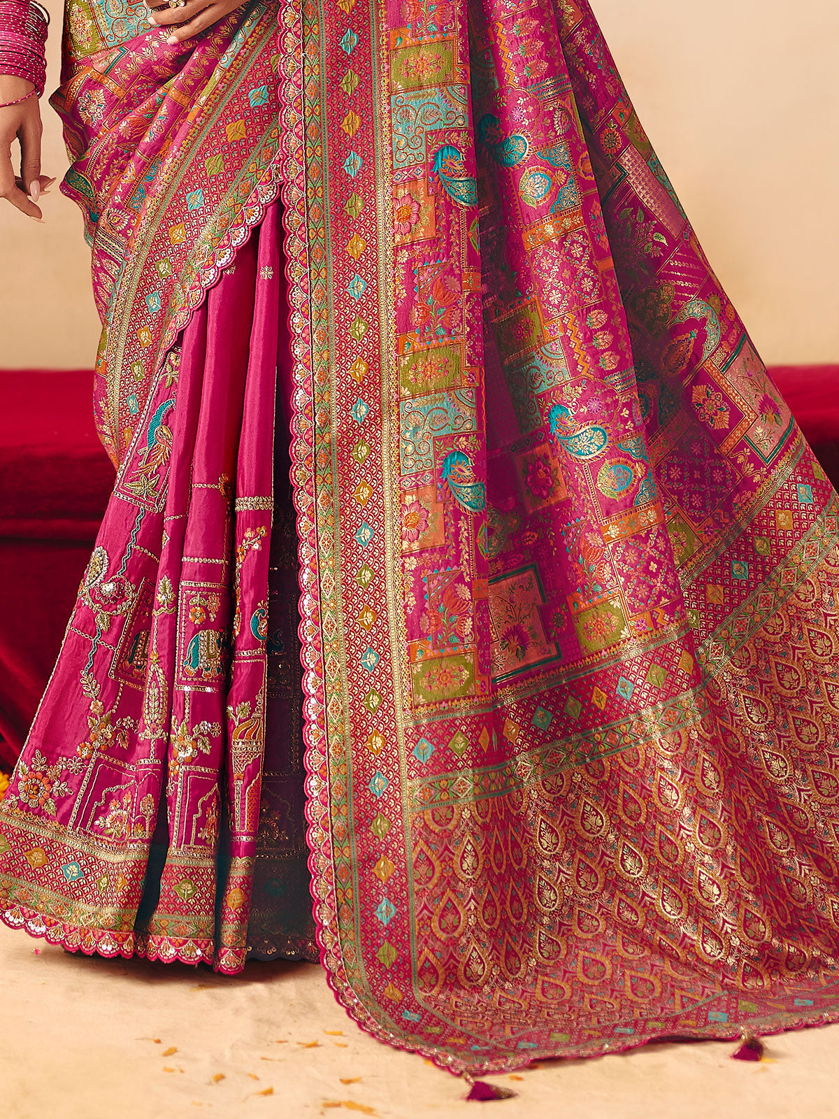 Rani pink peacock elephant motif banarasi patola drape