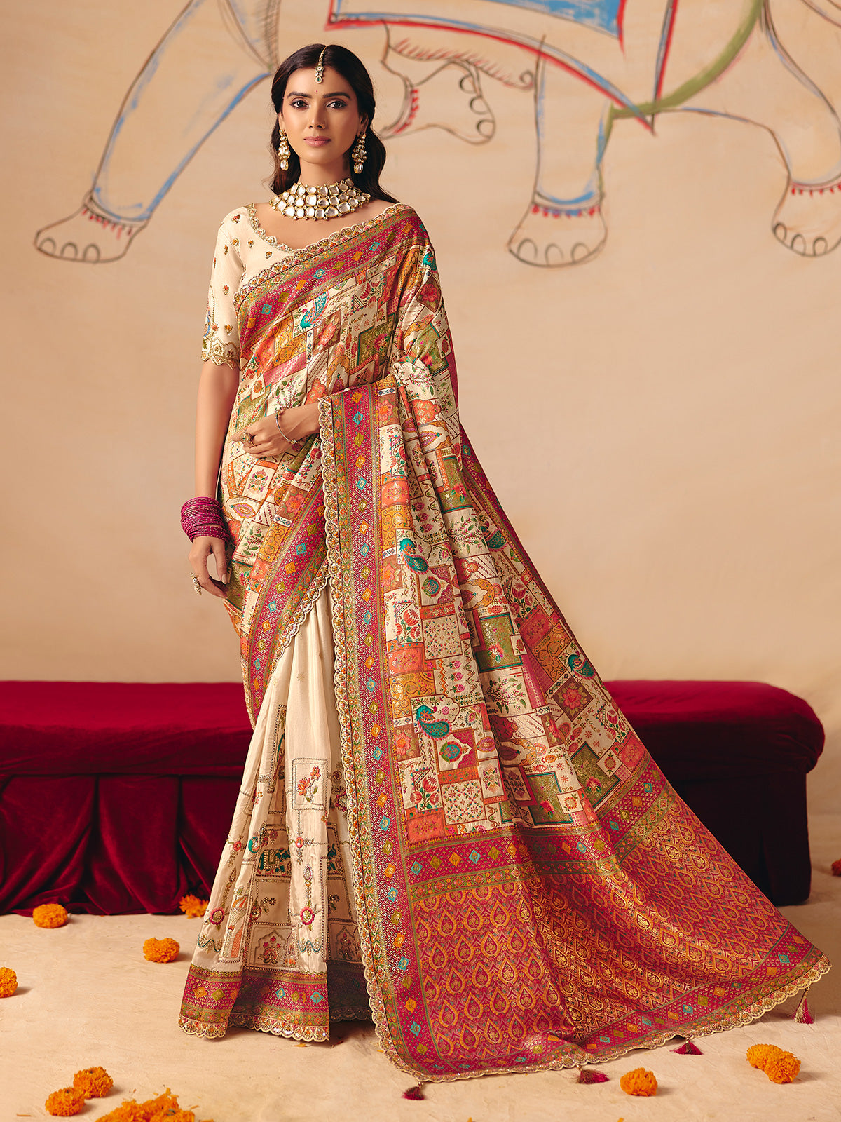 Cream peacock elephant woven motif banarasi silk attire