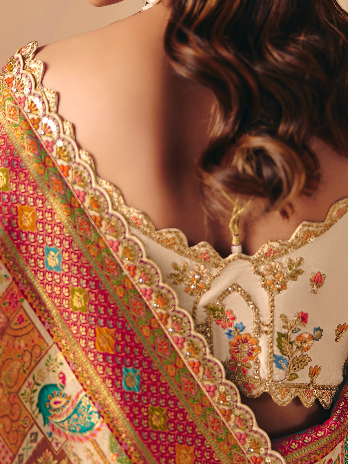Cream peacock elephant woven motif banarasi silk attire