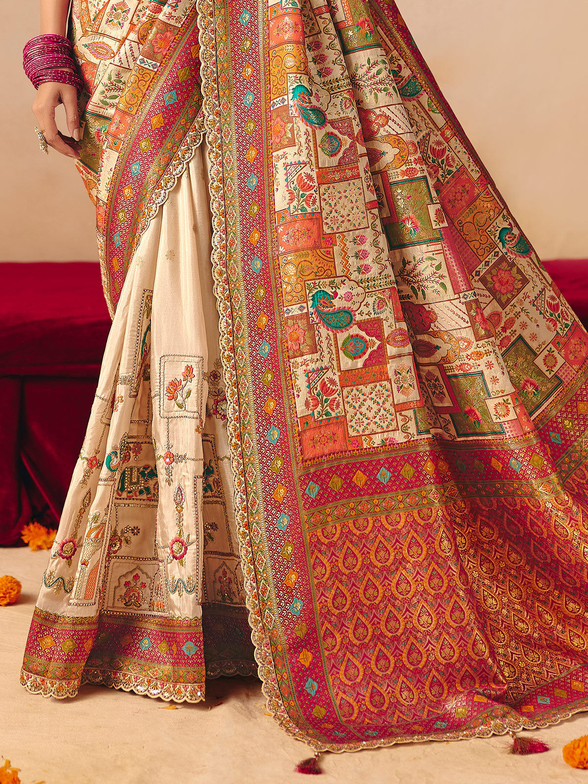 Cream peacock elephant woven motif banarasi silk attire