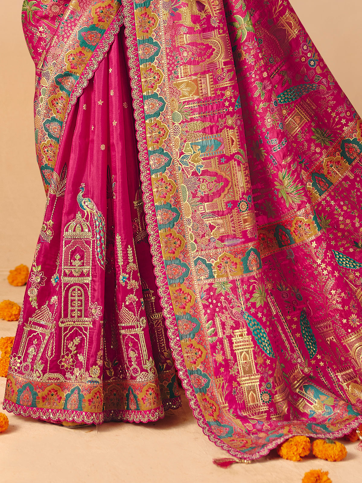 Magenta pink peacock temple pattern banarasi silk creation