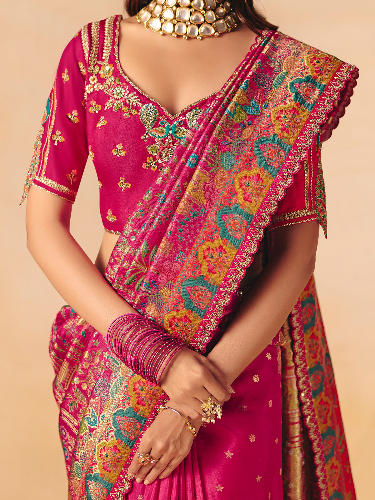 Magenta pink peacock temple pattern banarasi silk creation