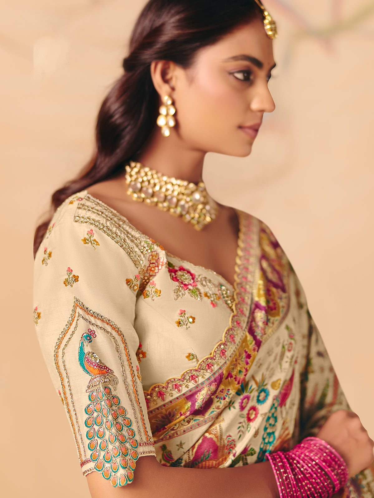 Beige peacock heritage design banarasi silk elegance