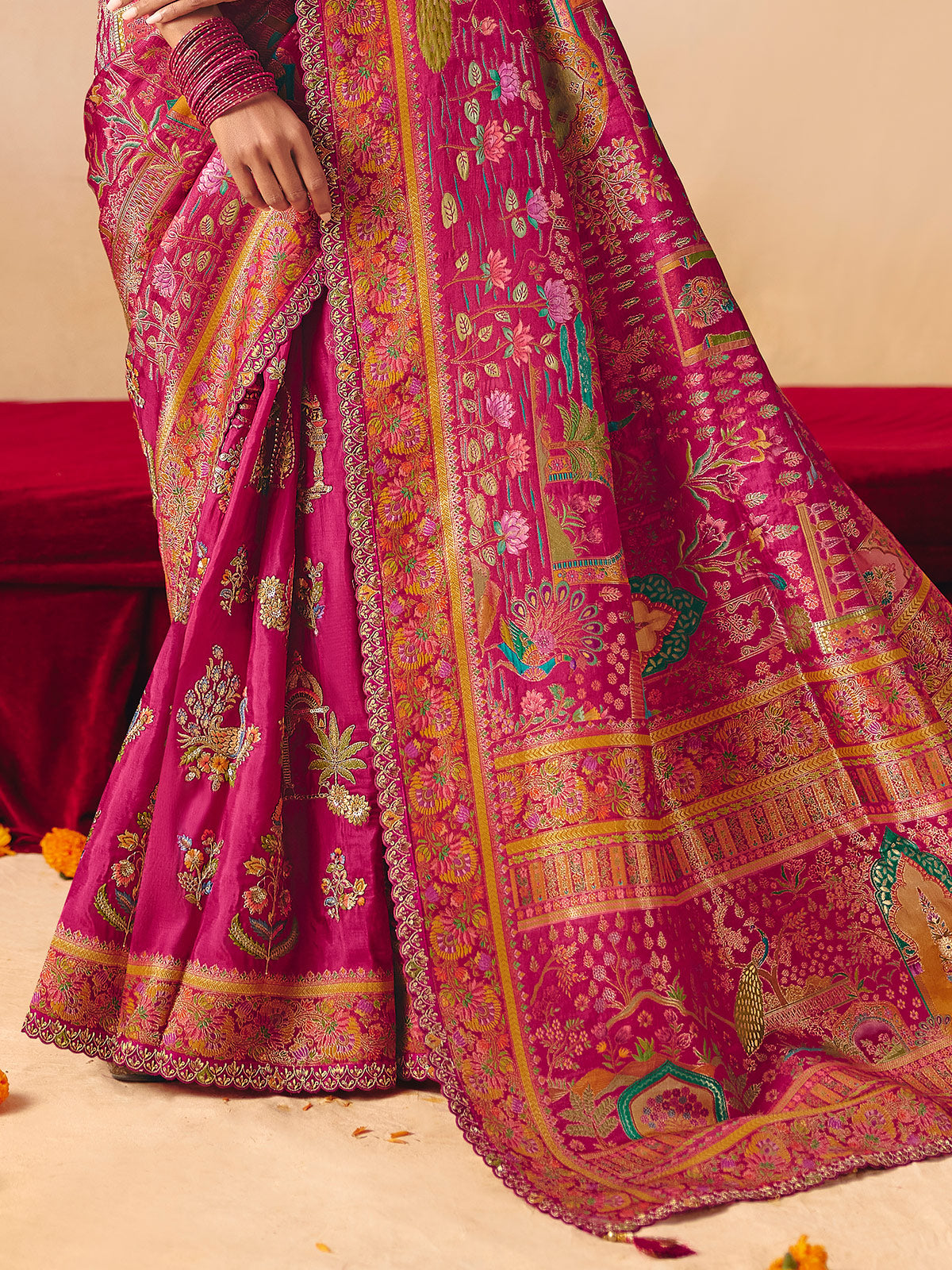 Magenta pink lotus peacock motif banarasi silk treasure