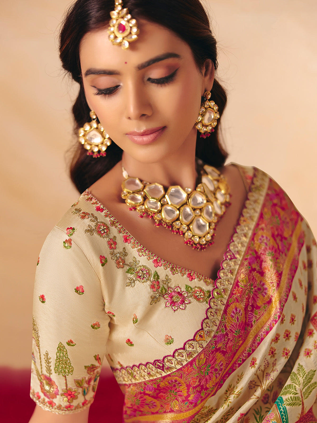 Cream lotus peacock woven design banarasi silk luxury