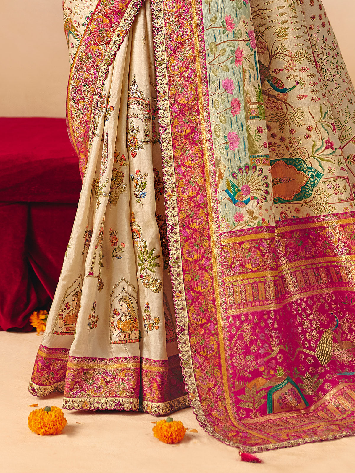 Cream lotus peacock woven design banarasi silk luxury