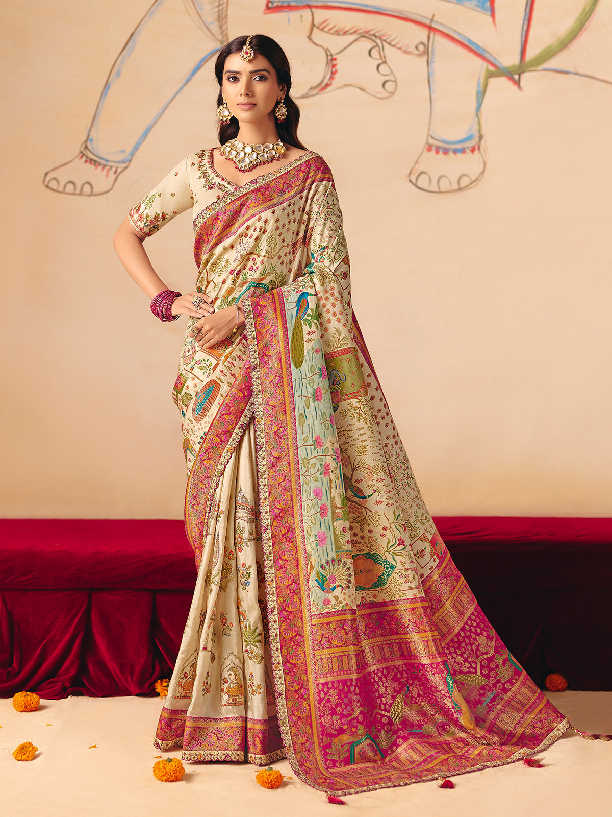 Cream lotus peacock woven design banarasi silk luxury