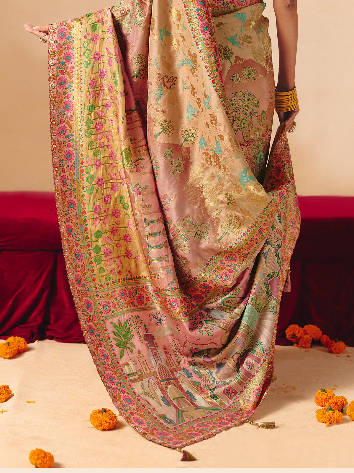 Beige soft pink shaded peacock motif banarasi silk delight