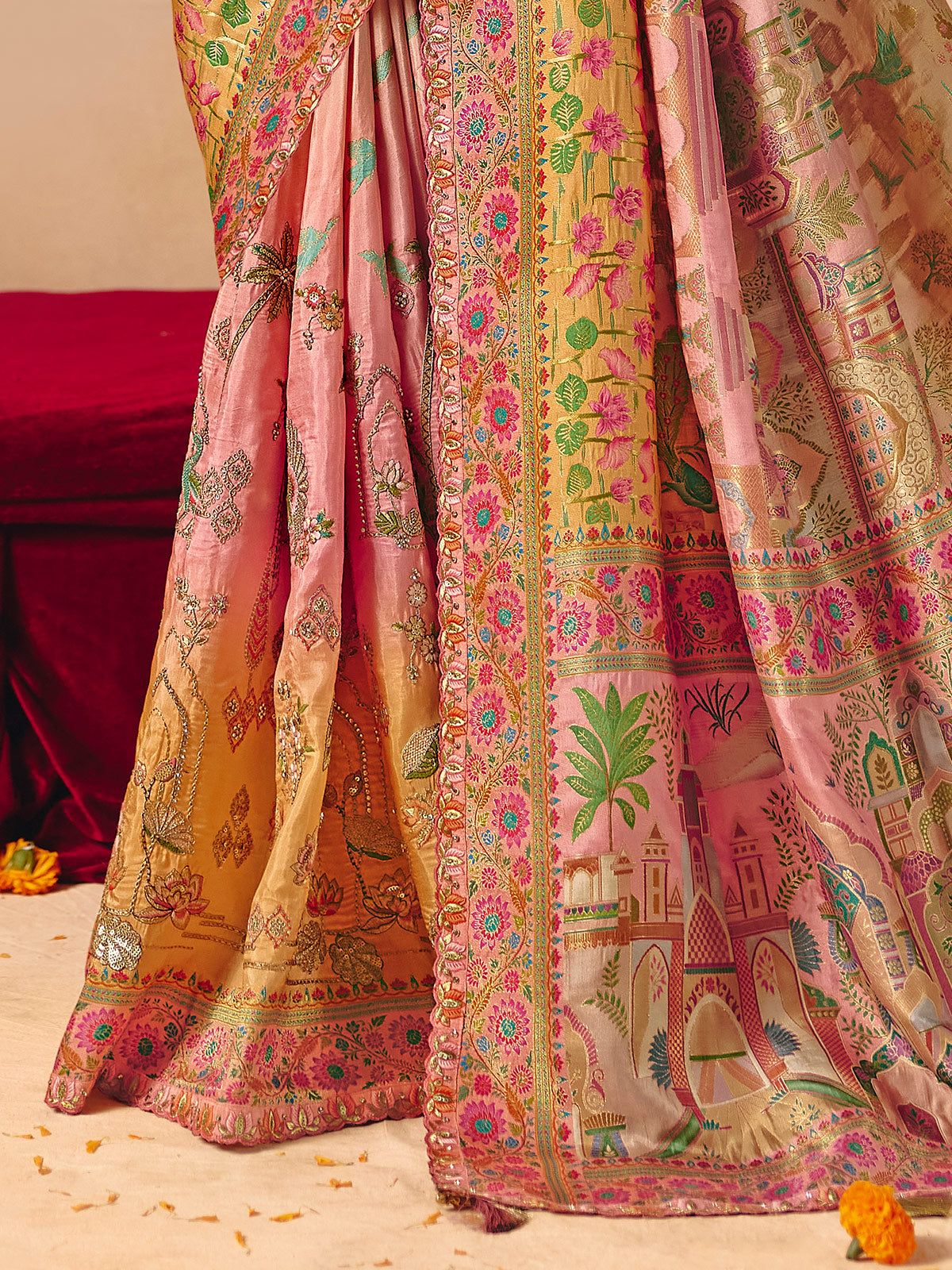 Beige soft pink shaded peacock motif banarasi silk delight