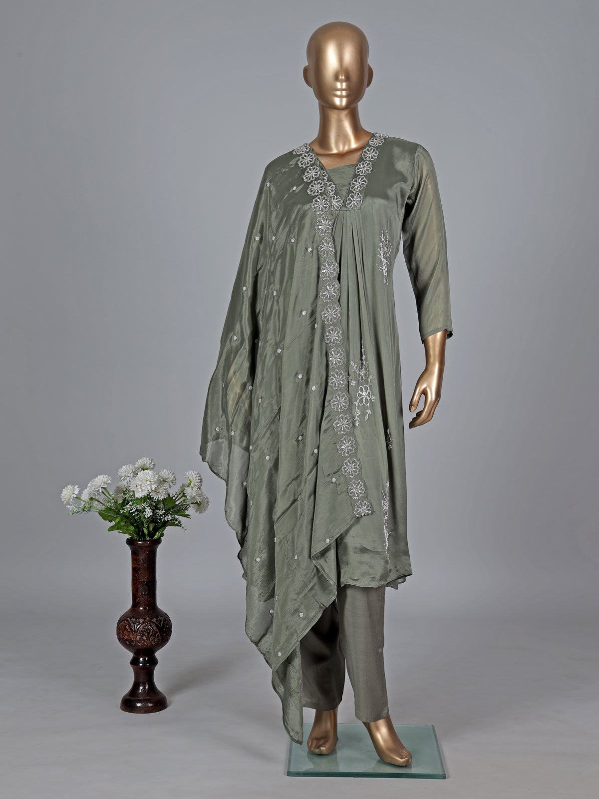 Green satin georgette silk anarkali pant salwar suit
