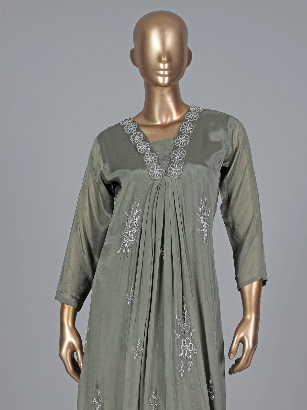 Green satin georgette silk anarkali pant salwar suit