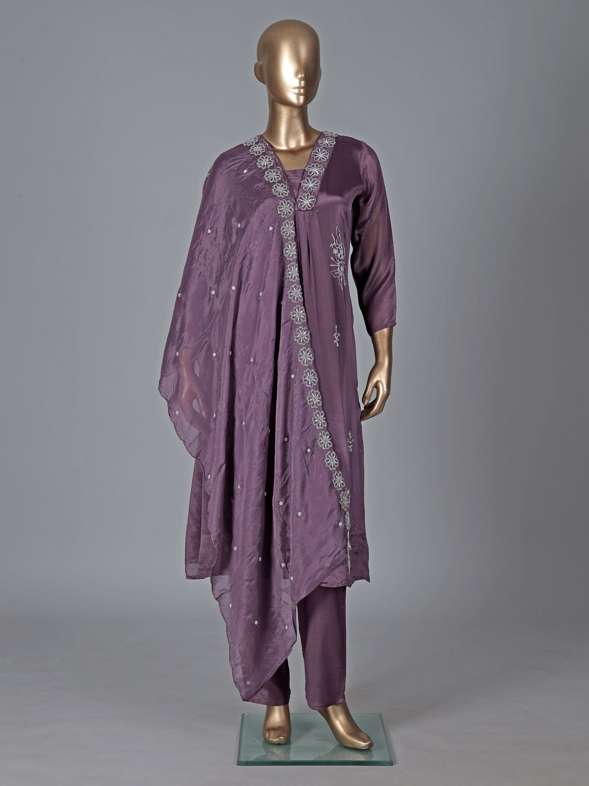 Purple satin georgette silk anarkali salwar suit