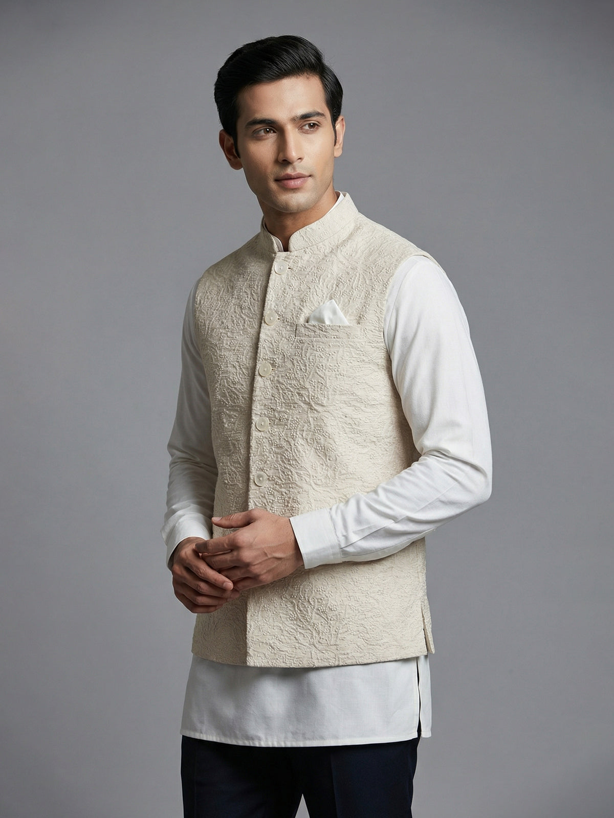 Off white cotton silk embroidered mens waistcoat