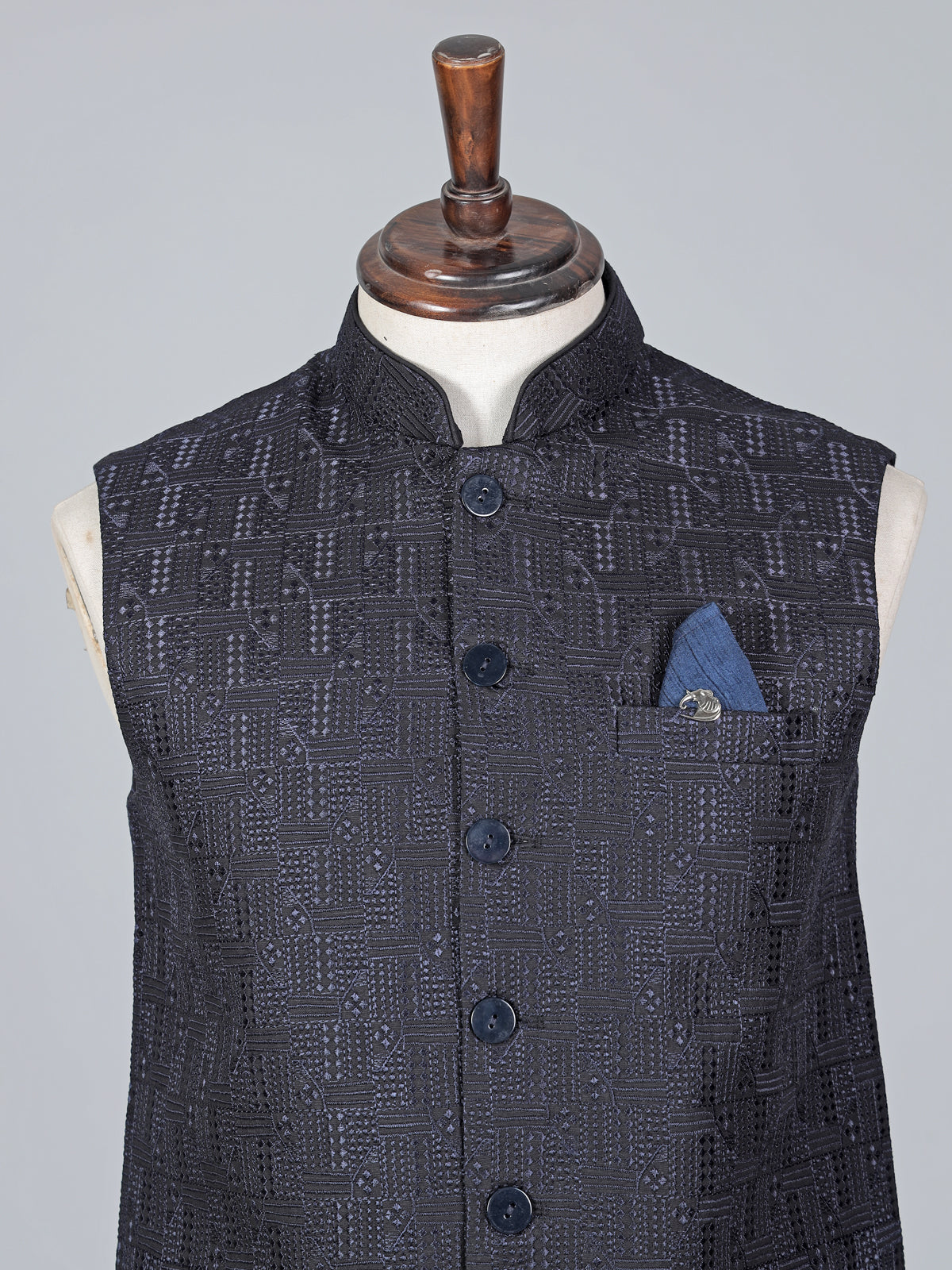 Blue cotton silk thread detailed waistcoat with classic appeal