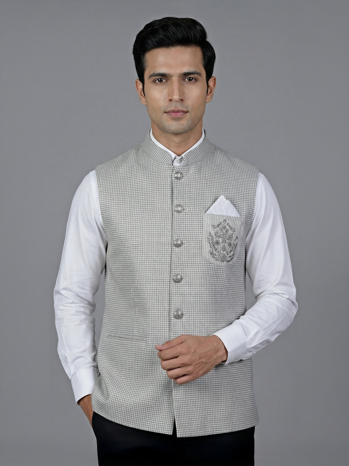Beige chanderi silk waistcoat with sequins embroidery accent
