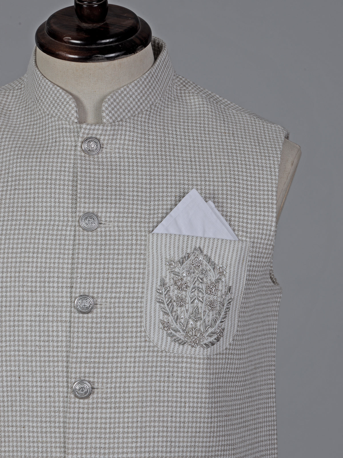 Beige chanderi silk waistcoat with sequins embroidery accent