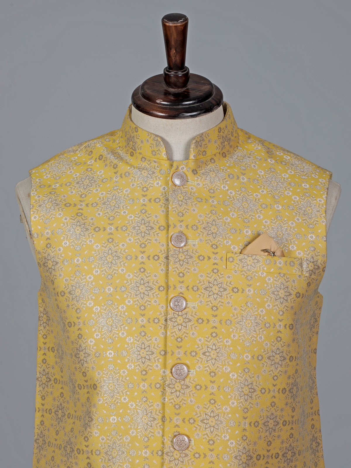 Yellow silk blend jacquard waistcoat with zari woven charm