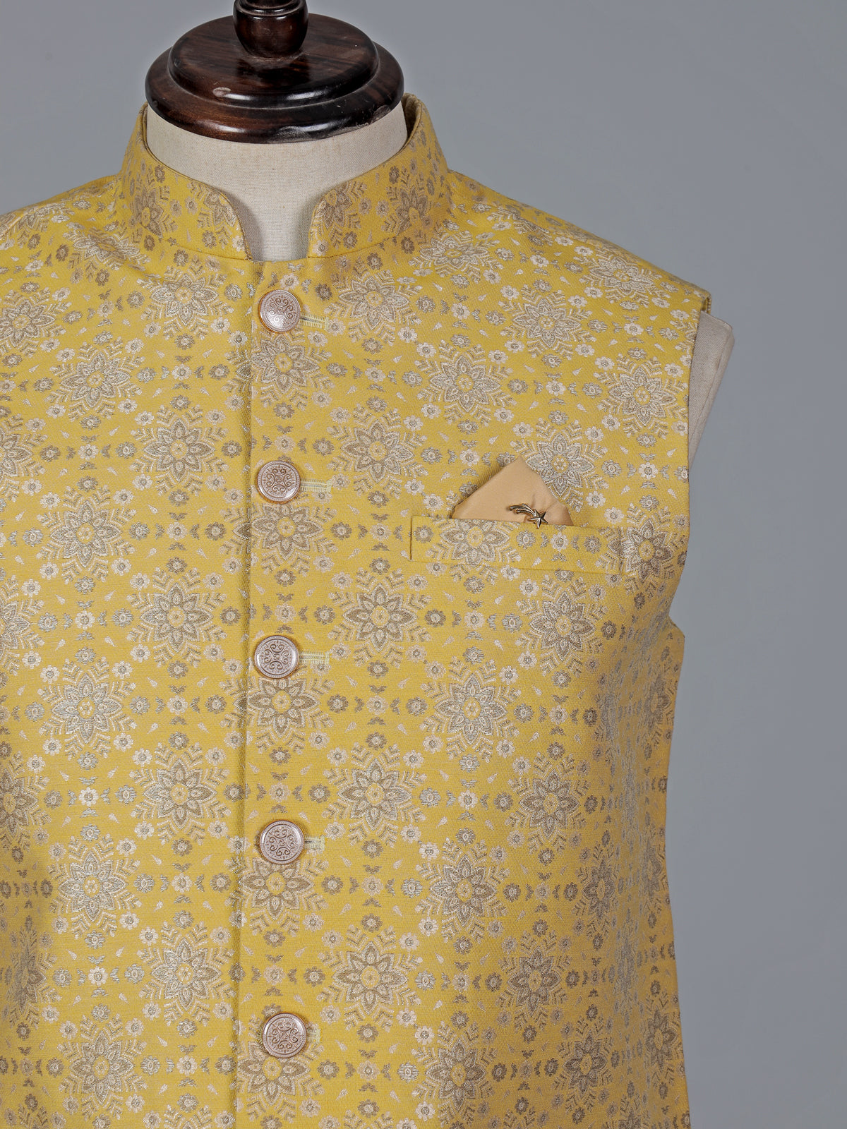 Yellow silk blend jacquard waistcoat with zari woven charm