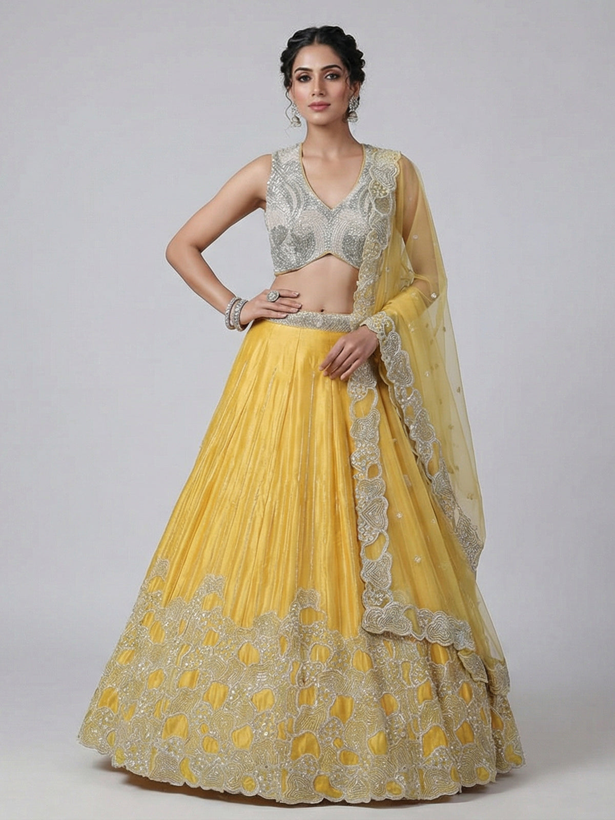 Mustard yellow satin silk designer lehenga choli