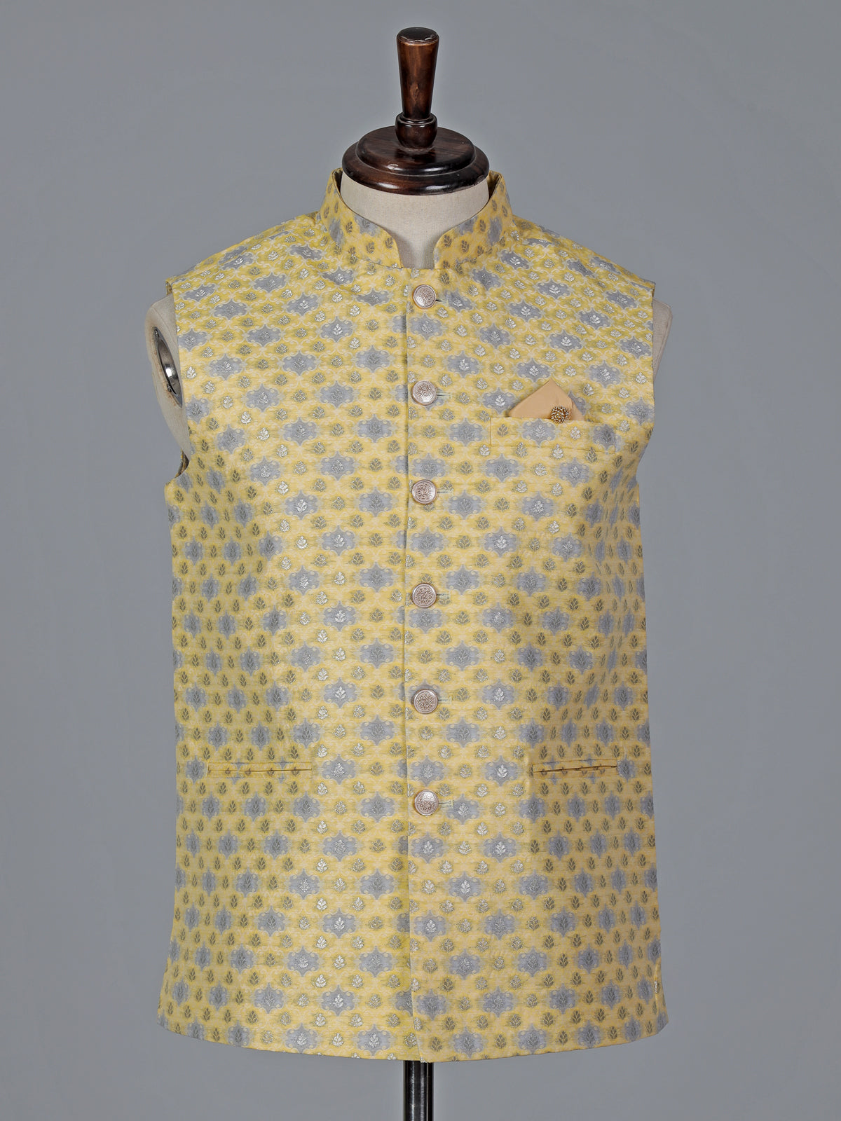 Yellow cotton silk printed waistcoat with resham detailing