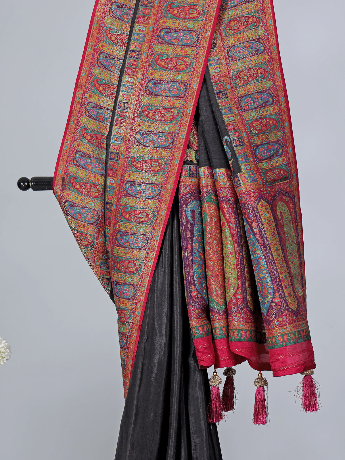 Black art pasmina silk embroidered saree with unstitched blouse
