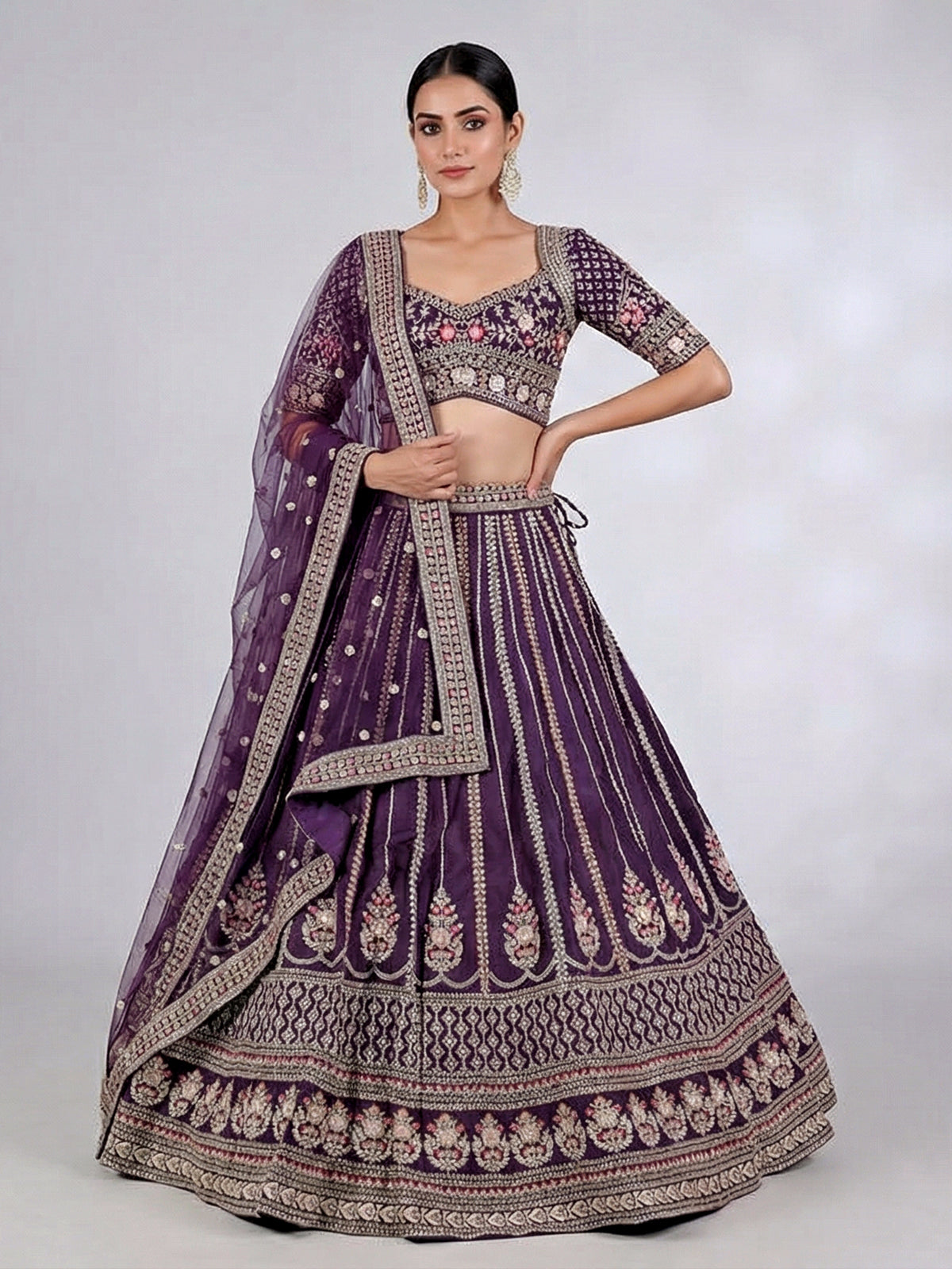Violet raw silk lehenga choli with zardosi work