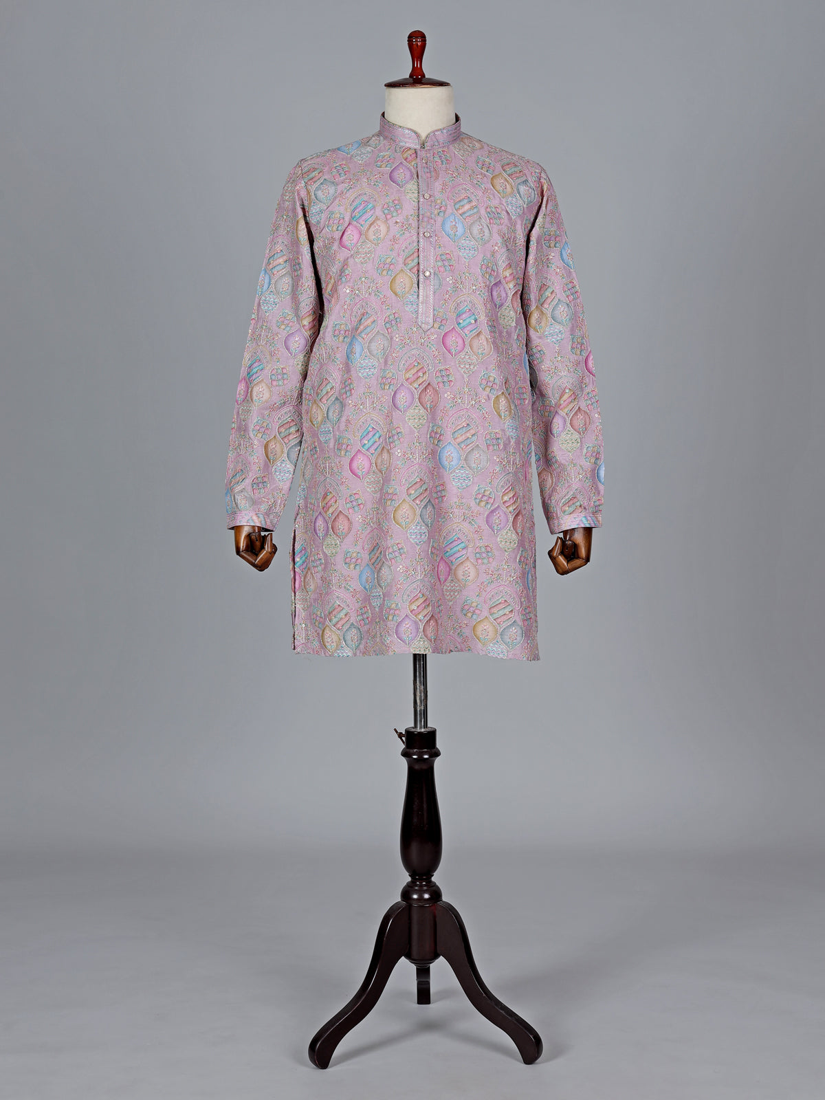 Light pink cotton silk printed kurta suit with resham and sequin work