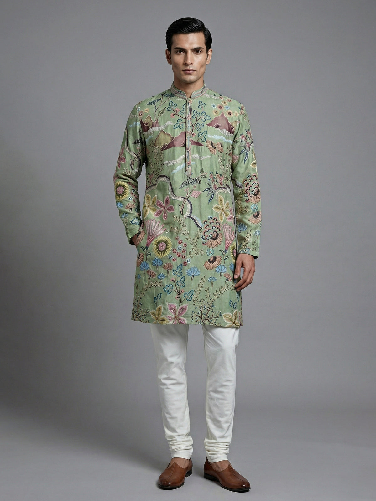 Brown cotton silk printed kurta suit with resham and sequin work