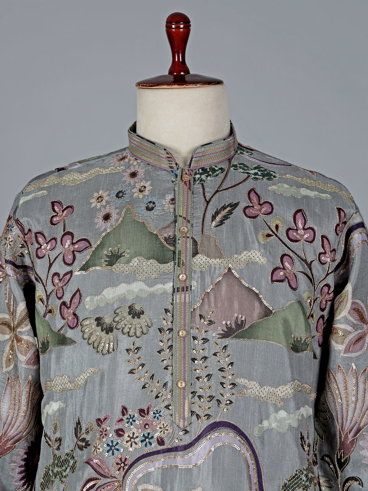 Grey cotton silk printed kurta suit with resham and sequin work
