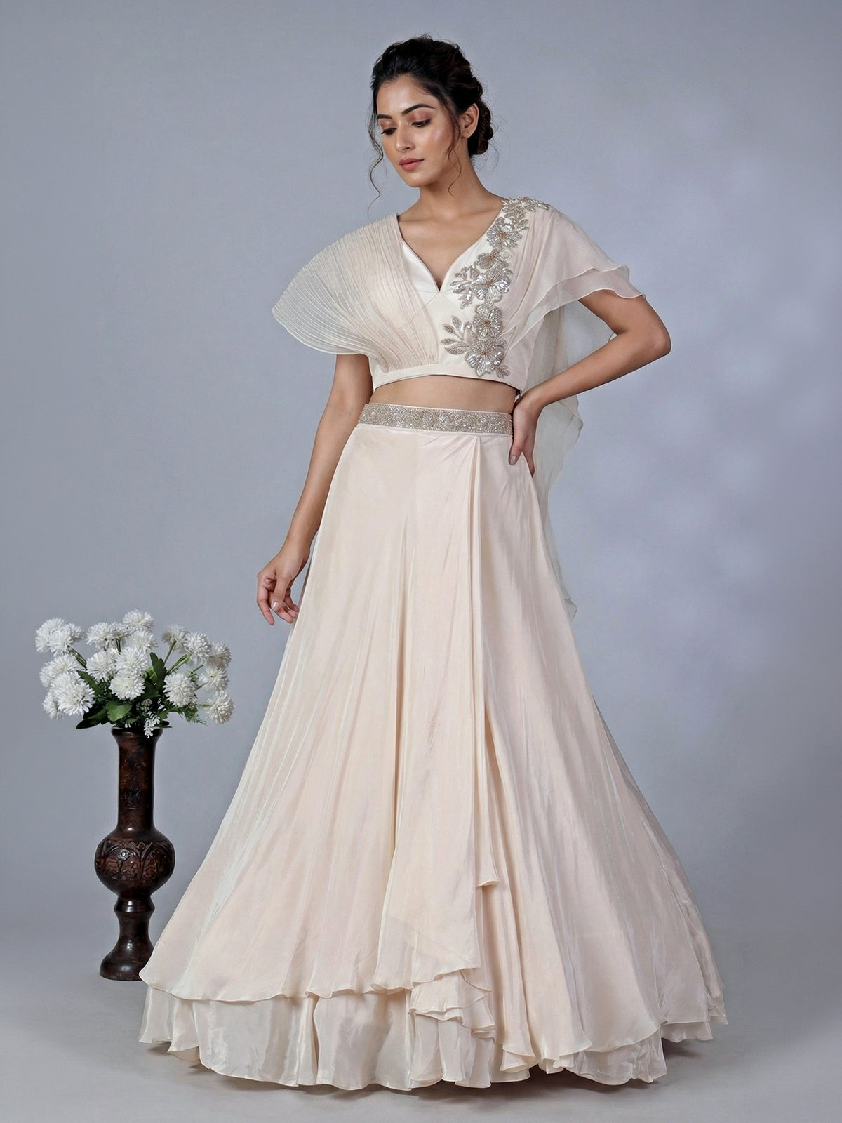 Off white crepe silk designer lehenga choli with dupatta
