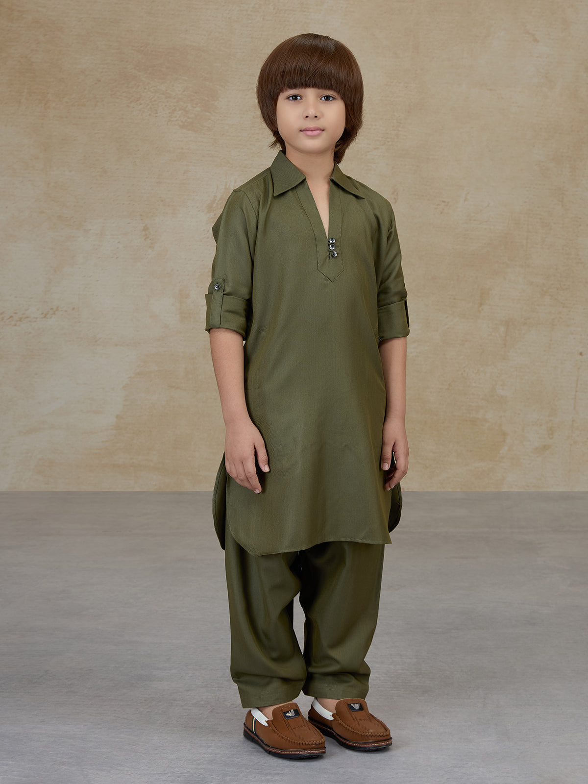 Olive green cotton pathani kurta salwar set