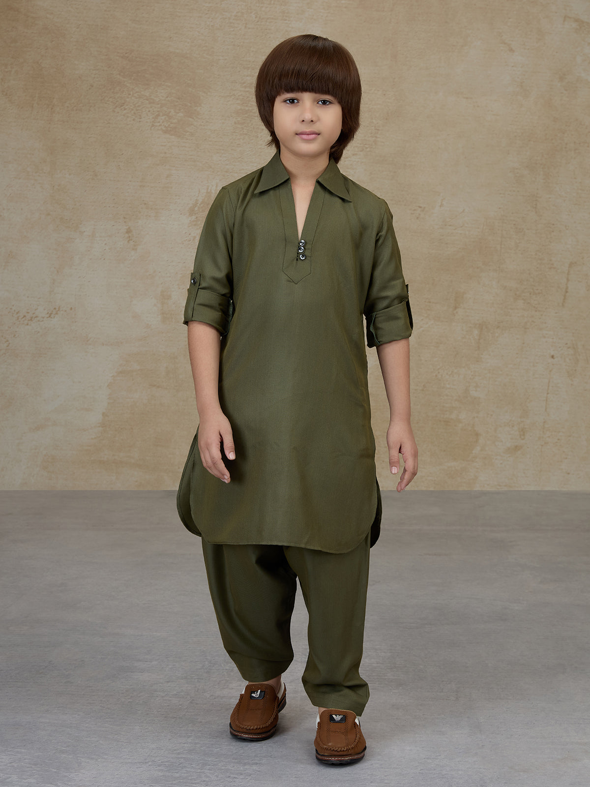Olive green cotton pathani kurta salwar set