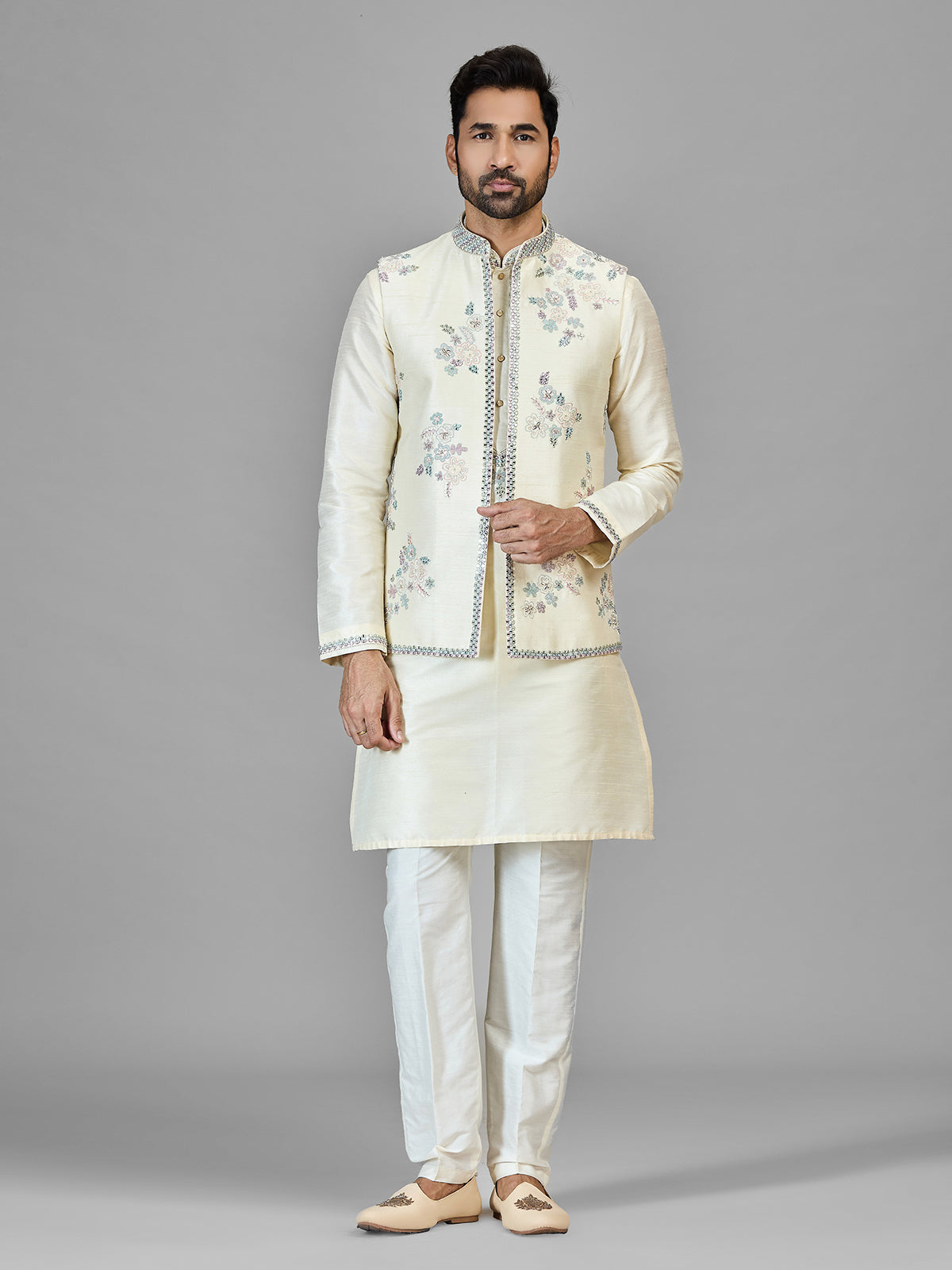 Cream silk waistcoat set with aabla work