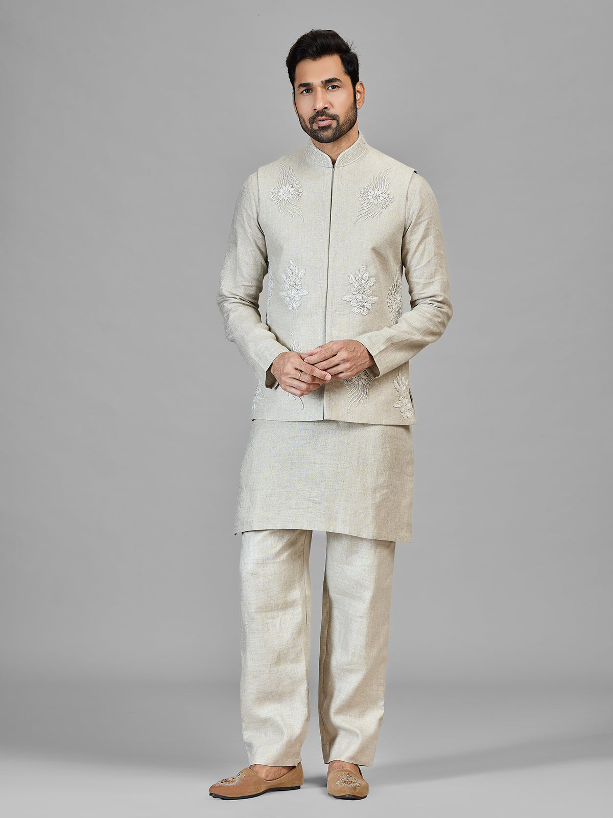 Beige pure linen festive wear waistcoat set