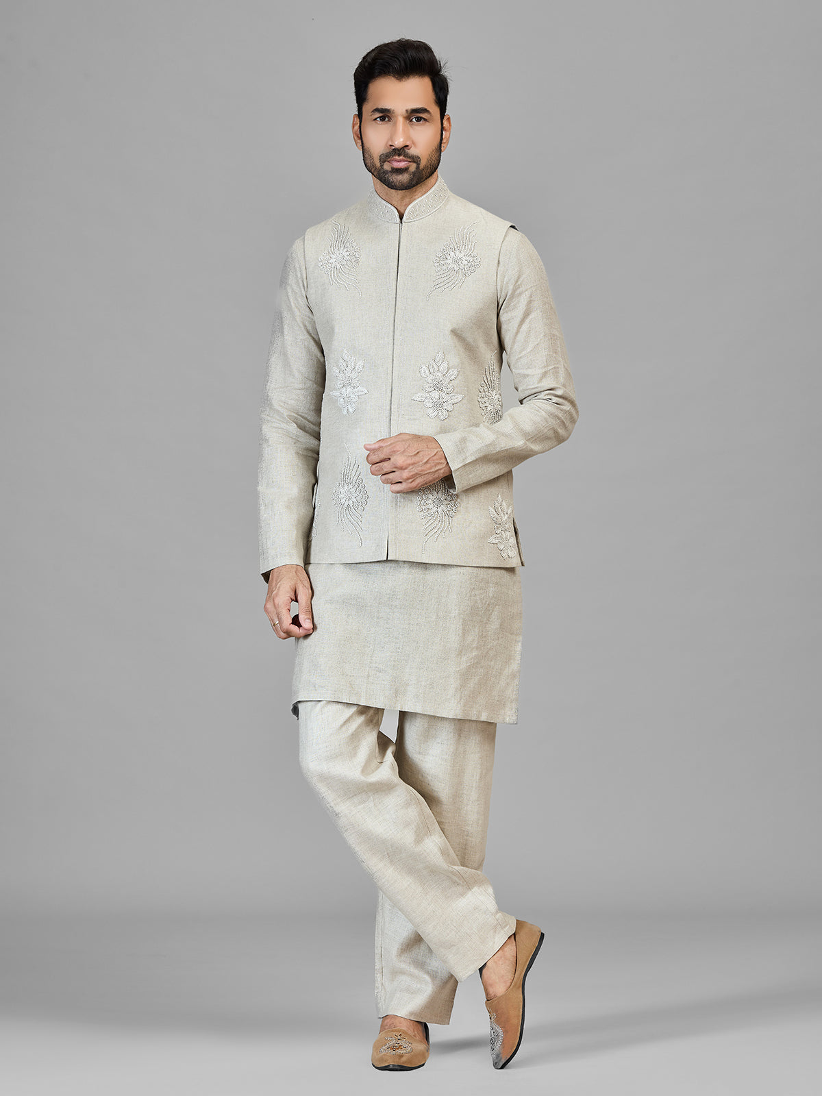 Beige pure linen festive wear waistcoat set