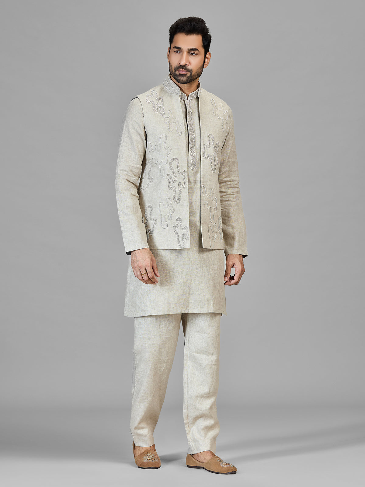 Beige beads worked pure linen wastcoat set