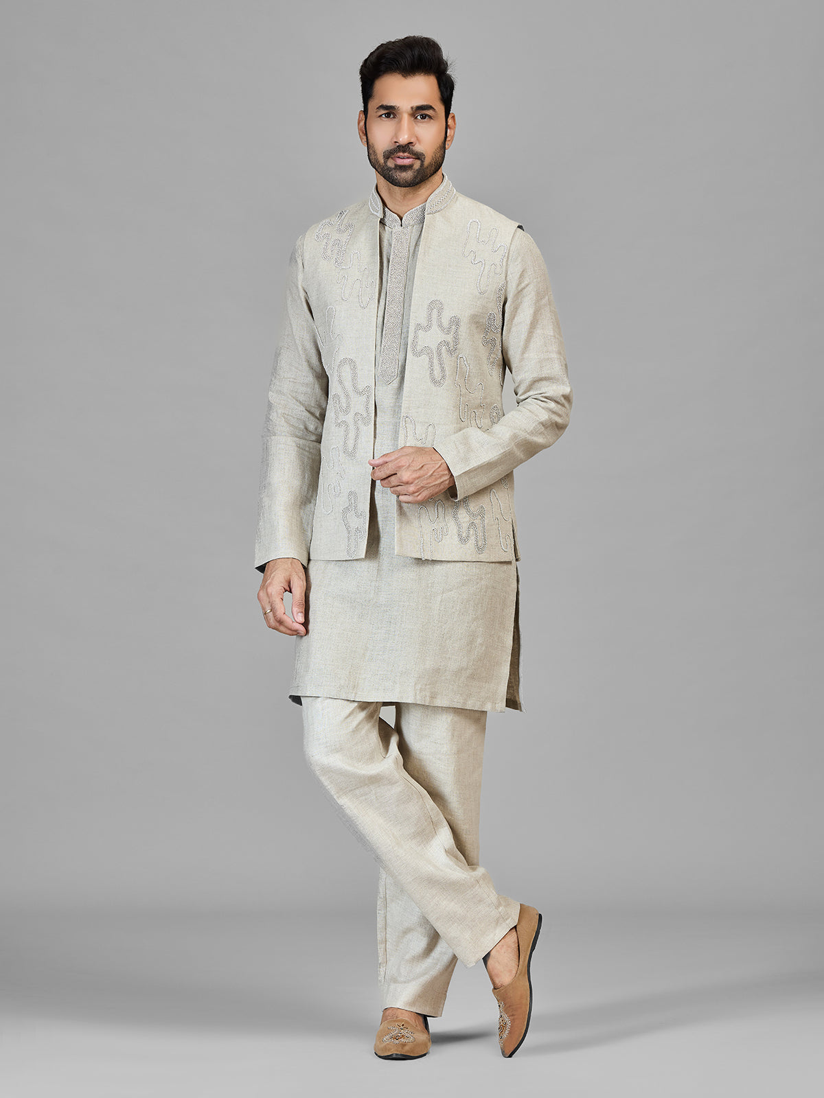 Beige beads worked pure linen wastcoat set