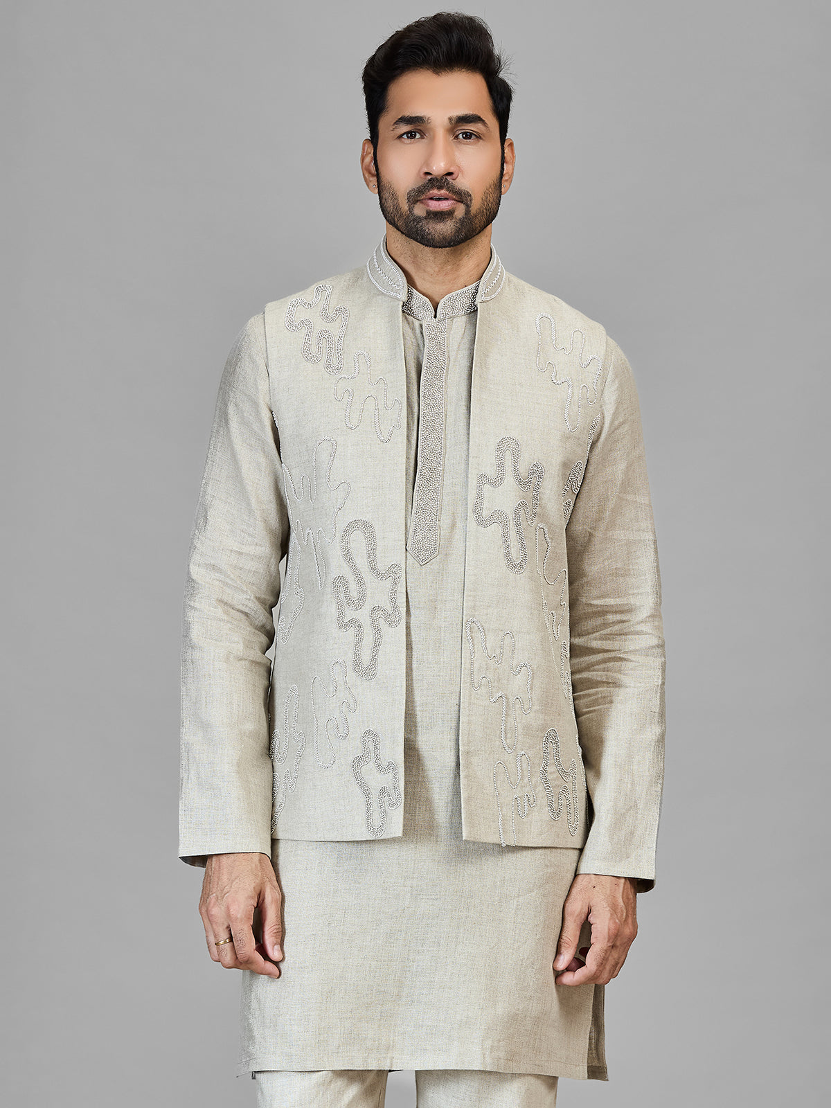Beige beads worked pure linen wastcoat set