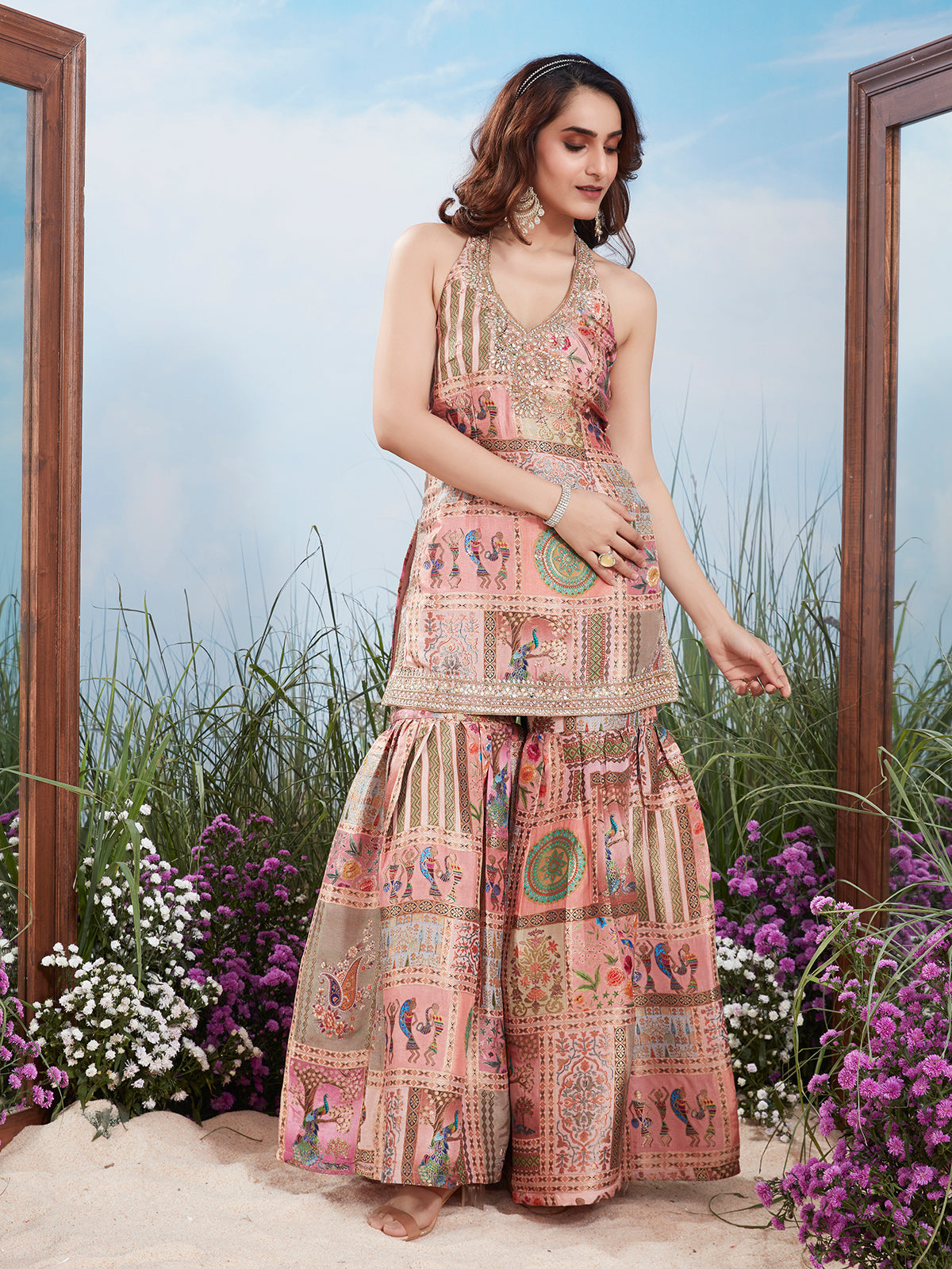 Onion pink silk resham sequins sleeveless sharara set