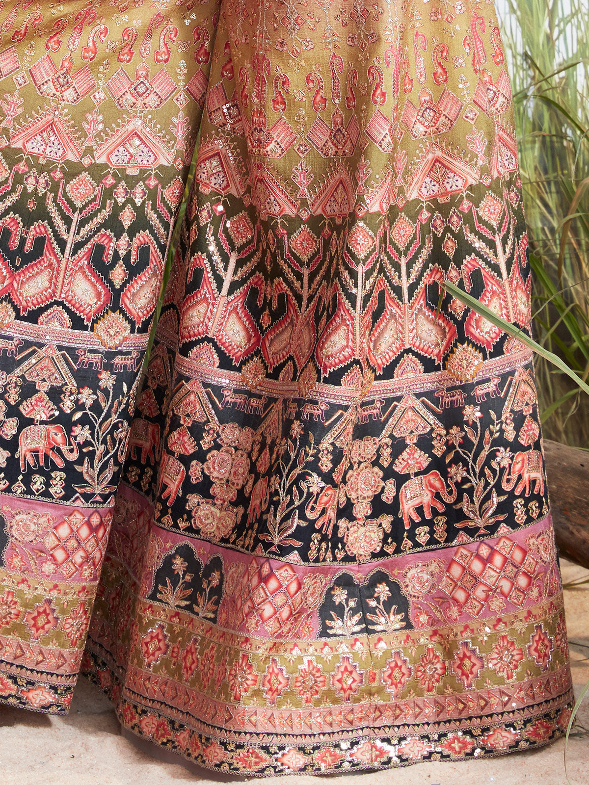 Multicolor elephant motif zari silk palazzo suit