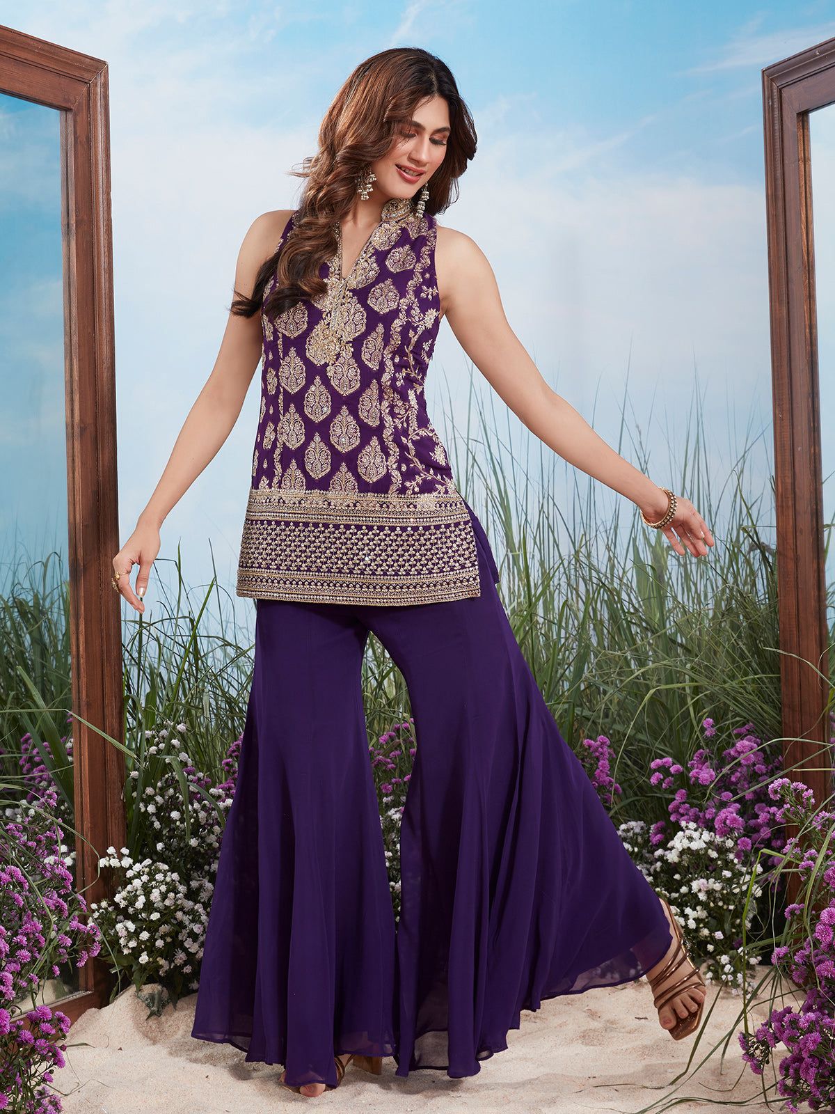 Purple silver embellished silk high neck palazzo suit